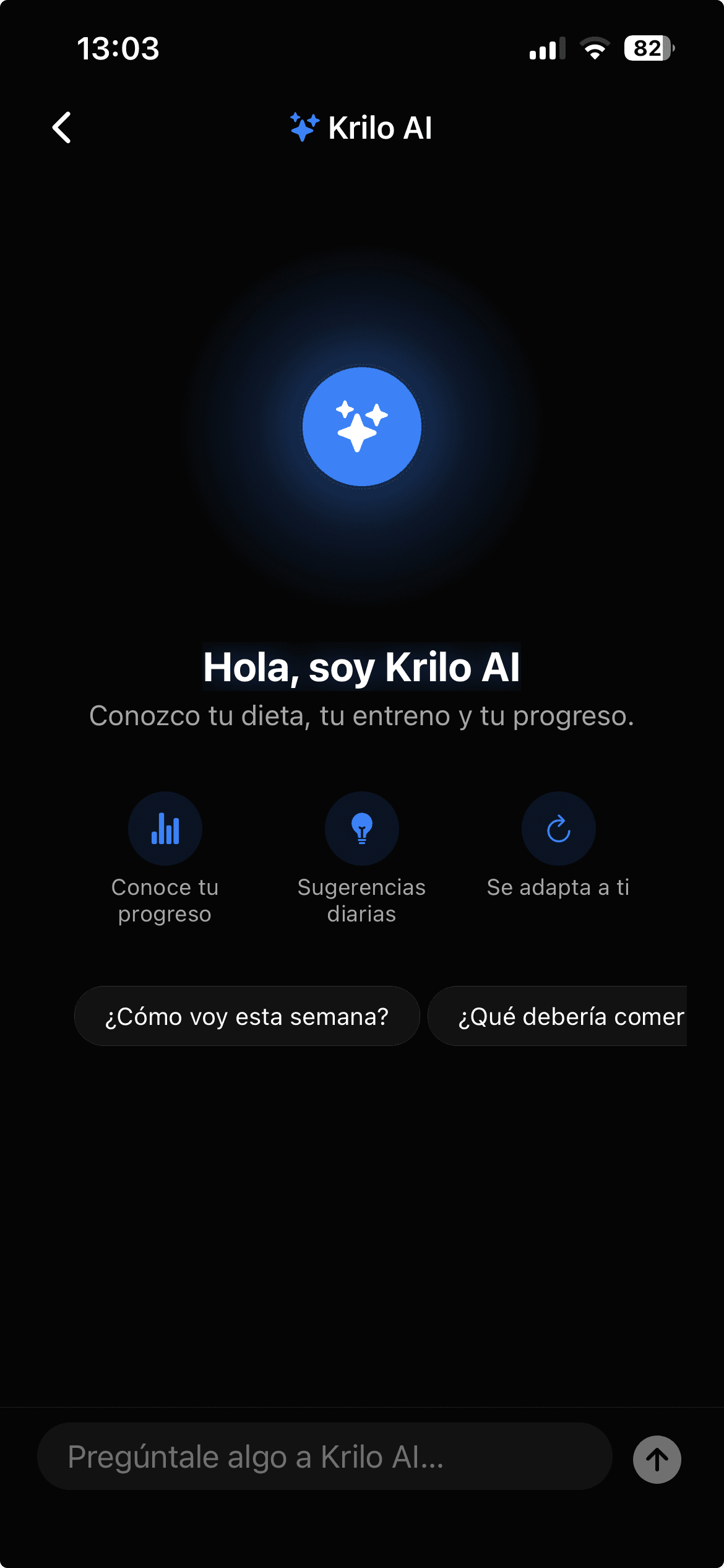 Pantalla de Krilo AI respondiendo sobre progreso y nutrición