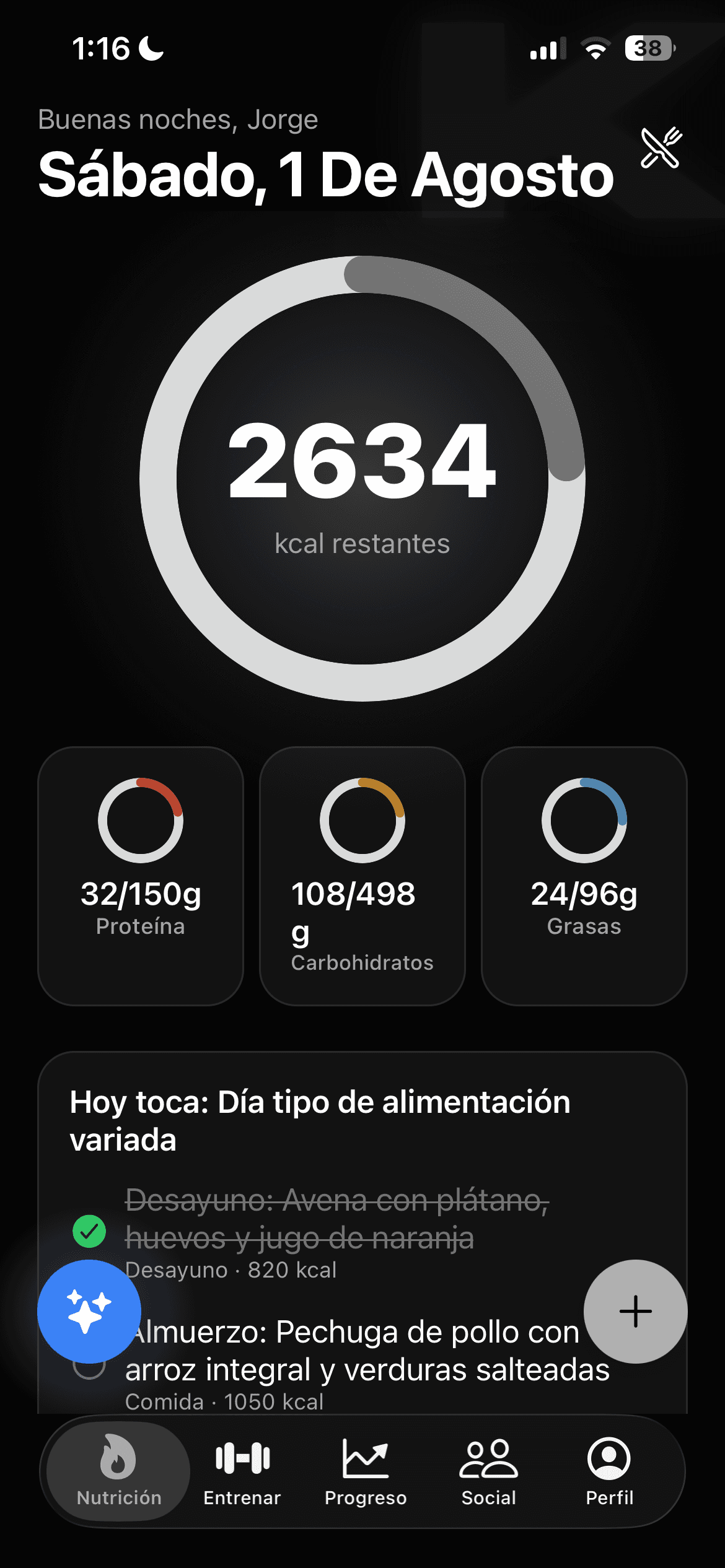 Pantalla de seguimiento de nutrición y macros en la app Krilo
