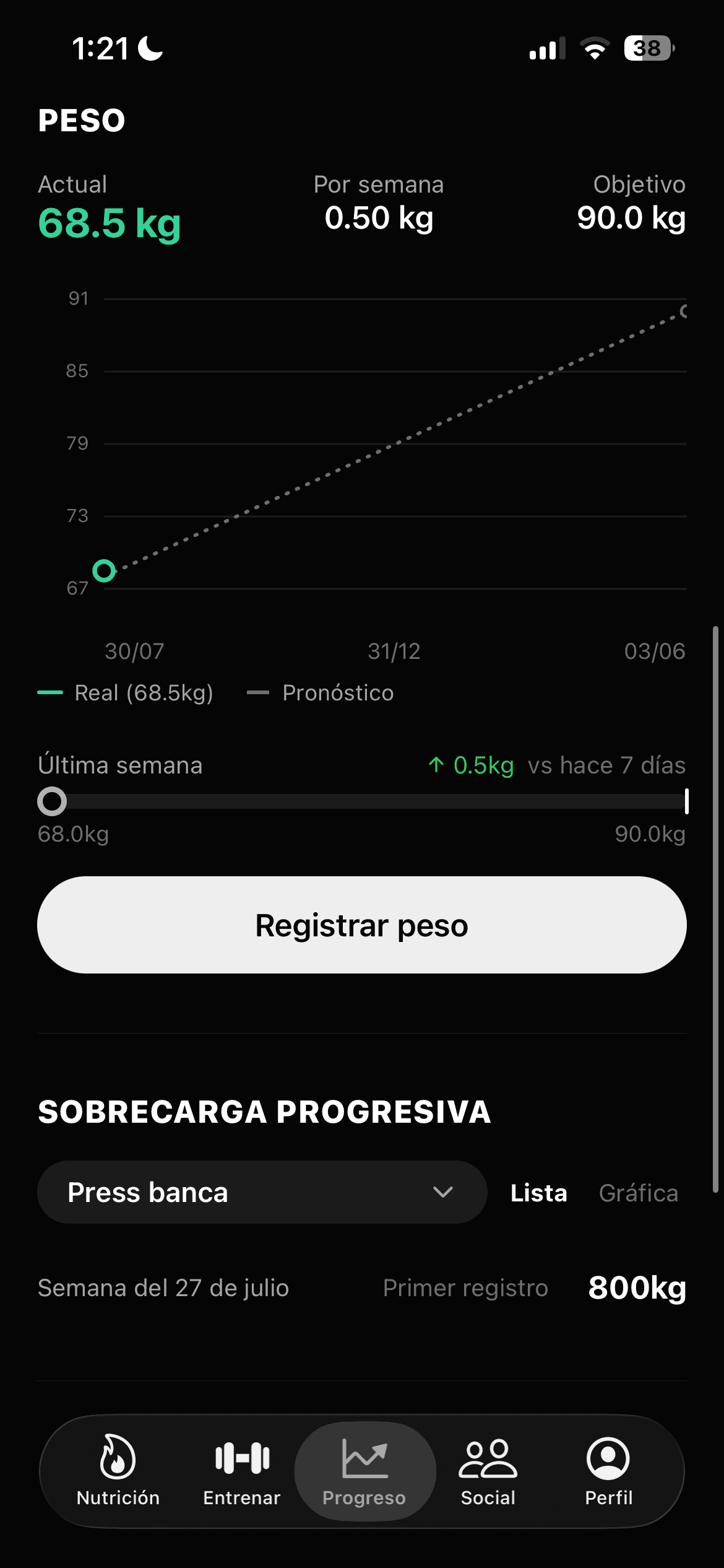 Pantalla de progreso de peso y sobrecarga progresiva en la app Krilo