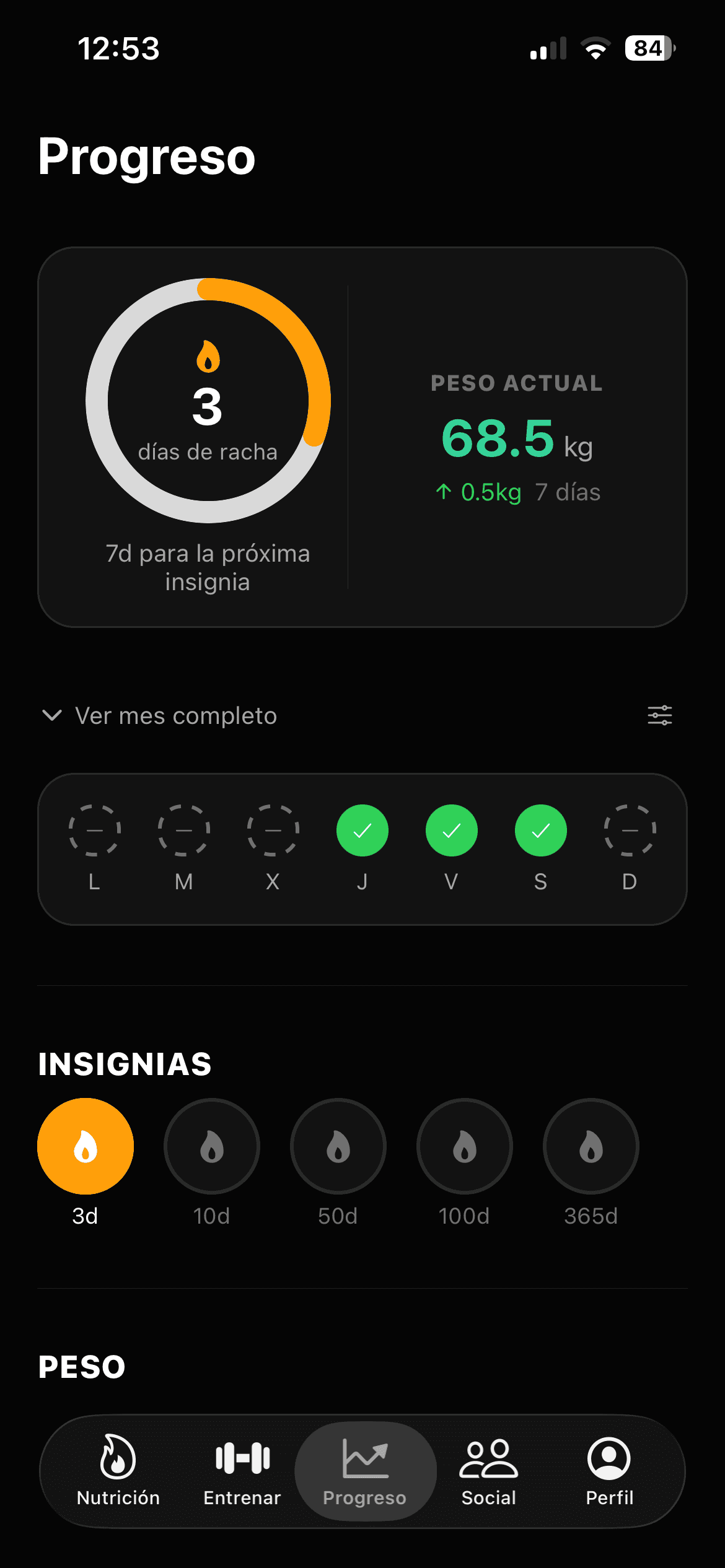 Pantalla de progreso, racha e insignias en la app Krilo