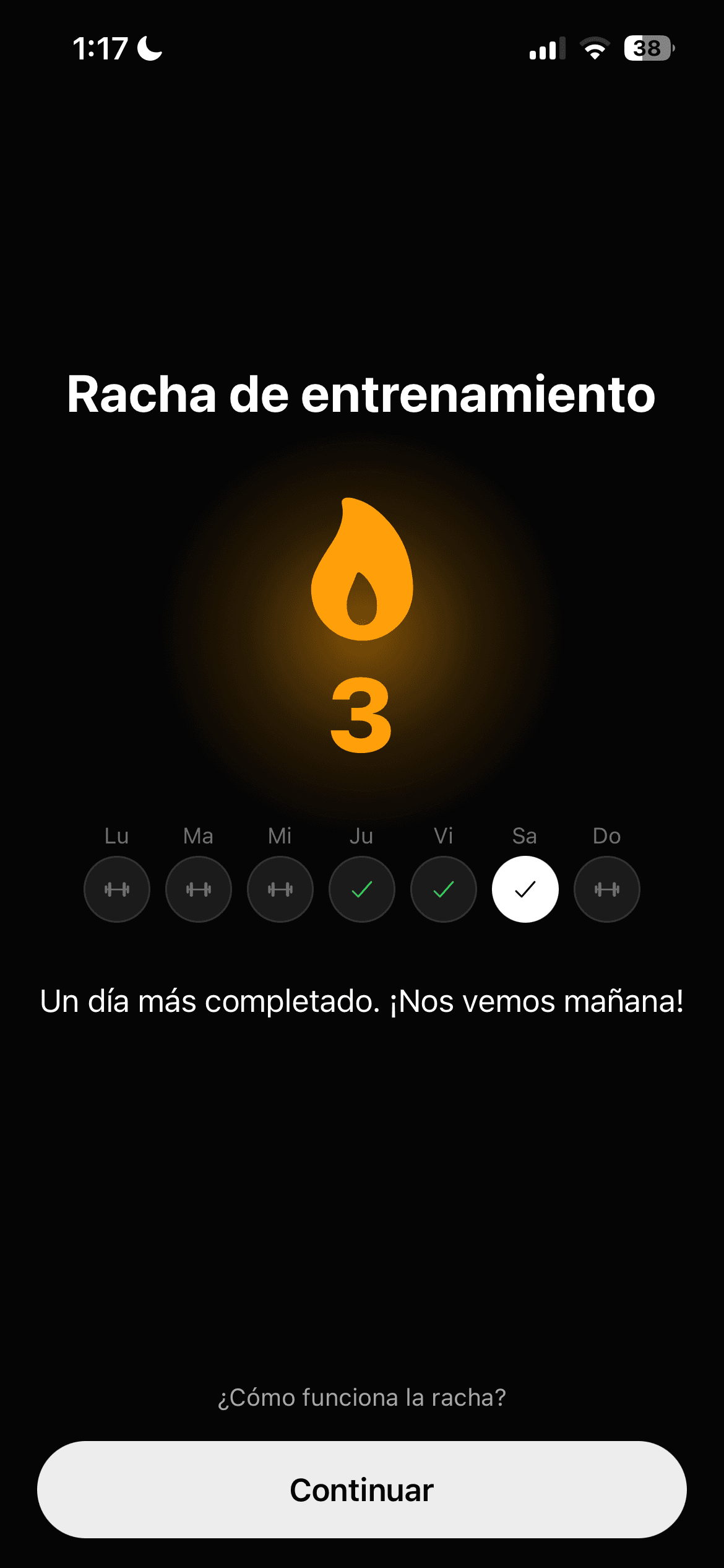 Pantalla de celebración de racha de entrenamiento en la app Krilo